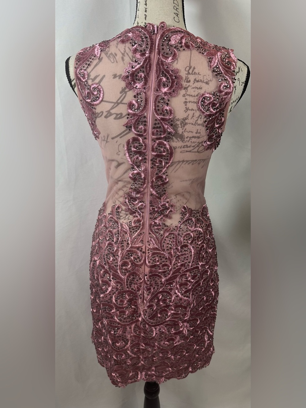 Mori Lee Rose Pink Beaded V-Neck Mini Dress - Picture 5 of 16